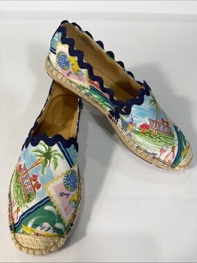 Talbots Izzy Multicolor Tropical Print  summerEspadrilles with Navy Scallop Trim